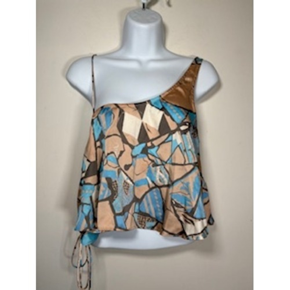 OUT‎ FROM UNDER Top Large Blue Tan One Shoulder Mosaic Print Boho Crop Festival